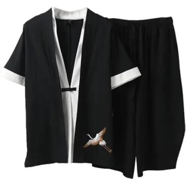 Imagem de Pijama Masculino De 2 Peças Terno De Verão Camisola De Algodão Pijama De Manga Curta Shorts Pjs Conjunto Com Bolsos, Black, M