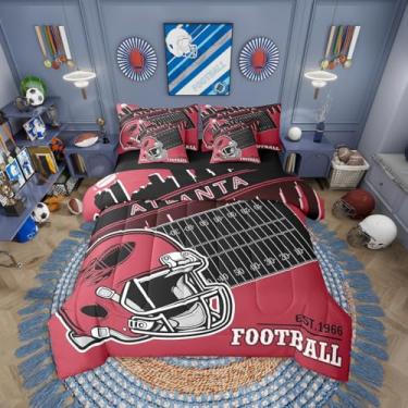 Imagem de Erosebridal Conjunto de edredom solteiro com lençol de 7 peças, para fãs de futebol americano, para crianças, meninas, meninos, esportes, rúgbi, jogos, jogo de cama preto e vermelho (Atlanta)