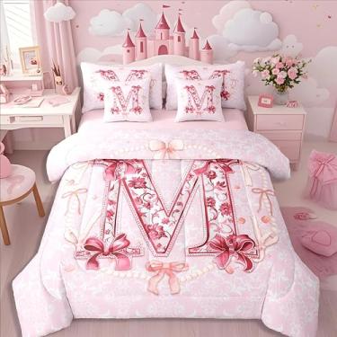 Imagem de Erosebridal Conjunto de edredom infantil casal com letra M, 7 peças, com laço coquete, princesa, estética, desenho animado, cama fofa em uma bolsa com design floral rosa chique (M)