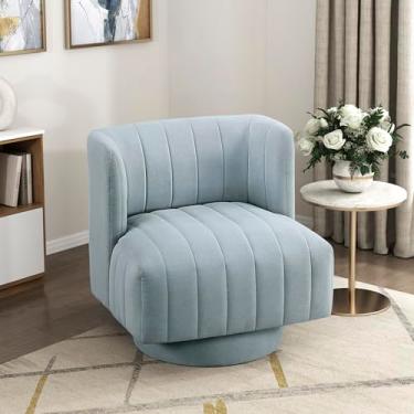 Imagem de Lexicon Cadeira giratória com detalhes em tecido texturizado, estofada de 360 graus, com canal tufado, assento confortável, para sala de estar, quarto, escritório, fácil montagem, azul aqua