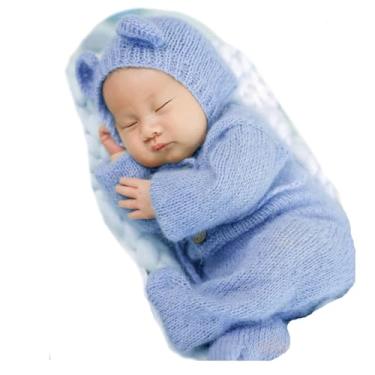 Imagem de Ederafoto 2 peças de adereços para fotografia de recém-nascidos para meninos posando roupas de bebê sessões de fotos fantasia menina crochê urso gorro macaquinho, Azul, suit for 0-1 month babies