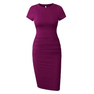 Imagem de Missufe Vestido feminino de manga curta franzido casual midi colado ao corpo, Roxa, P