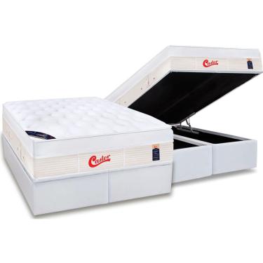 Imagem de Cama Box Baú King: Colchão Molas Pocket Ensacadas Castor Gold Star Vitagel Max + Base CRC Courano White(193x203)