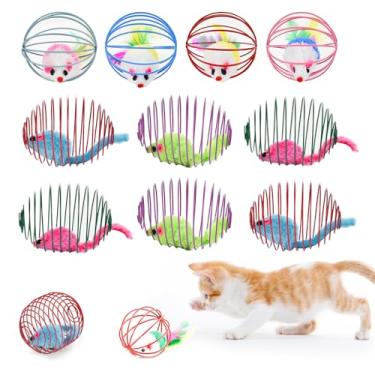Imagem de CooShou Conjunto De Bolas Brinquedo Interativas Para Gatos, Gaiola Metal Com Mola Ratos, Gatinhos, Bola Provocação Colorida Ratos Internos (10 Peças)