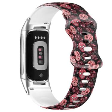 Imagem de Pulseira de silicone macio compatível com Fitbit Charge 5/Fitbit Charge 6 (crânio menina rosa) pulseira esportiva macia para mulheres e homens