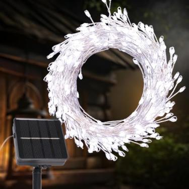 Imagem de PCORES Cordão de luzes solares de 200 LEDs, à prova d'água ao ar livre, 8 modos, luzes de fadas de fogos de artifício de cobre prateado | Decoração movida a energia solar para pátio, varanda