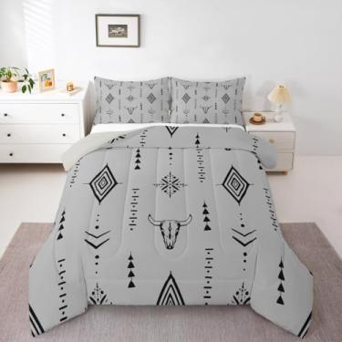 Imagem de Erosebridal Conjunto de edredom asteca ocidental, solteiro, com caveira de touro, para crianças, meninos, meninas, estampa tribal, geométrico, boêmio, cinza, chifres, étnico, decoração de quarto