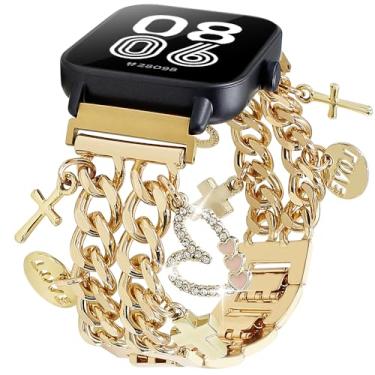 Imagem de REALSIGN Pulseira feminina de metal de 22 mm compatível com Samsung Galaxy Watch 3 de 45 mm, Gear S3 Frontier/Classic, Galaxy Watch 46 mm (2019), IDW19, IDW13, pulseira de corrente cubana com