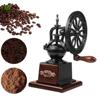 Imagem de Moedor de café manual vintage com roda de ferro fundido, cabo de madeira, núcleo de moagem de aço carbono, preto e marrom, 27 x 14 cm