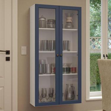Imagem de Cristaleira Suspensa 70 cm 2 Portas de Vidro Vik Madesa B, Branco/Azul