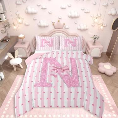 Imagem de Erosebridal Conjunto de cama com laço rosa, alfabeto N, solteiro, para decoração de quarto de crianças, meninas, adolescentes, mulheres, lençol com laço, listras geométricas, edredom
