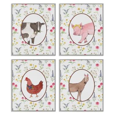 Imagem de Stupell Industries Conjunto de arte giclée emoldurado cinza de animais mistos Farm Friends de Nina Jacobs, 14 x 11