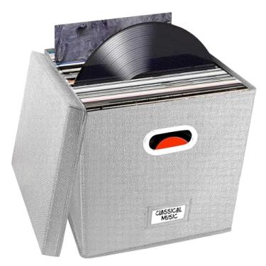 Imagem de yesogreat Caixa de armazenamento de discos de vinil com tampa – Comporta mais de 100 LPs, organizador de tecido empilhável e dobrável de 32,99 cm para coleção de álbuns, caixa de armazenamento