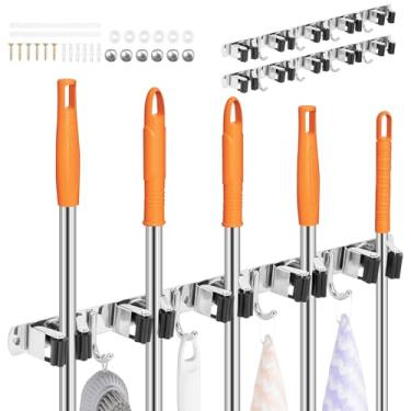 Imagem de Suporte de parede para esfregão e vassoura, 2 peças, suporte de parede de aço inoxidável 304, com 5 compartimentos e 4 ganchos, adesivo/parafuso de montagem para limpeza