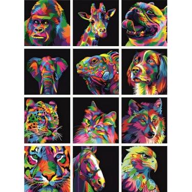 Imagem de Papel de decoupage de arroz autoadesivo 28,5 cm x 39,5 cm vibrante estilo pop art colagem de retrato de animal – girafa cachorro elefante iguana leopardo gato lobo tigre cavalo águia – decoração de