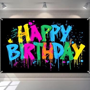 Imagem de BlissYard Faixa de Feliz Aniversário, Pintura de Graffiti, Decrações, Splatter Party Neon Cores Brilhantes Estilo Urbano Estilo Urbano para Crianças Adolescentes Adultos 180 x 109 cm Decoração de