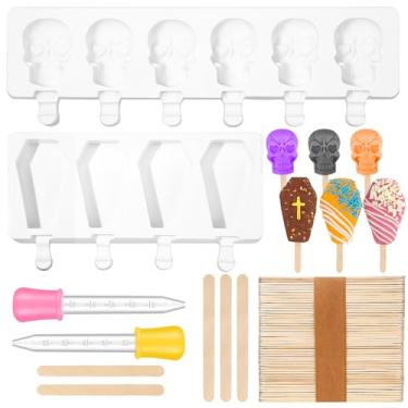 Imagem de FillTouch Pacote com 2 moldes de silicone para sorvete de Halloween, kits de moldes caseiros de picolés de silicone com 50 palitos de madeira e 2 conta-gotas para artesanato para assar e lanches