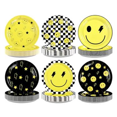 Imagem de Grencian 60 peças de pratos de papel de rosto sorridente, 23 cm, grandes, descartáveis, resistentes, estrelas, xadrez, emoji amarelo, pratos de sobremesa para chá de bebê, casamento, festa de