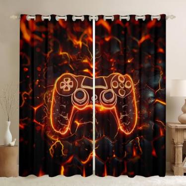 Imagem de Cortinas de janela infantis para gamepad, controle de videogame, moderno, para meninos, homens, neon geométrico, hexágono, favo de mel, preto, laranja, tratamentos de janela, ilhós, conjunto de 2