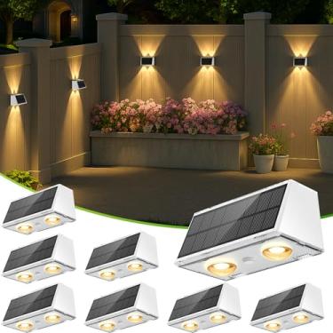 Imagem de LANSOW Luzes solares para cerca de 8 unidades, luzes alimentadas por energia solar ao ar livre à prova d'água, 9 modos branco quente/frio e RGB Up-Down LED Spot Wall Lights Decoração do crepúsculo ao