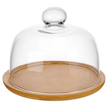 Imagem de NBEADS Mini cúpula de vidro para bolo de bambu com base, tampa pequena cloche transparente para bolo com cúpula de vidro para presentes de cozinha, 20 x 20 x 6,7 cm