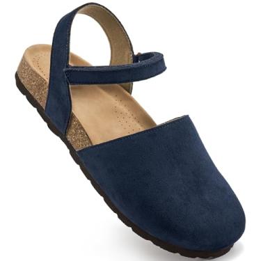 Imagem de Ecetana Sandálias femininas de bico fechado, elegante para o verão, palmilha de cortiça, confortável, suporte de arco, sandálias rasteiras femininas 2025, Azul, 37