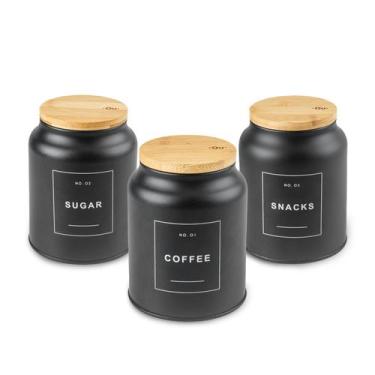 Imagem de Conjunto 3 Pçs Pote Café Açúcar Biscoitos Metal Tampa Bambu - OU, Pret
