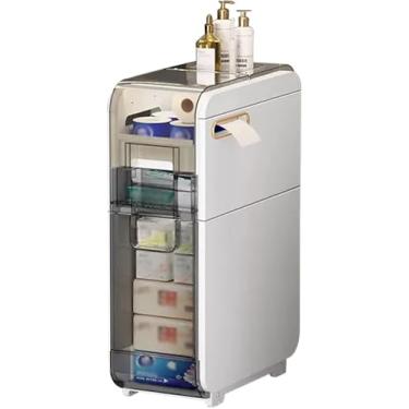 Imagem de Armário De Chão De Banheiro Unidade De Armazenamento Vertical Com Gavetas E Rodízios Transparentes, Organizador De Pia De Banho Estreito De Plástico, Armário De Papel Higiê, 2 Tier