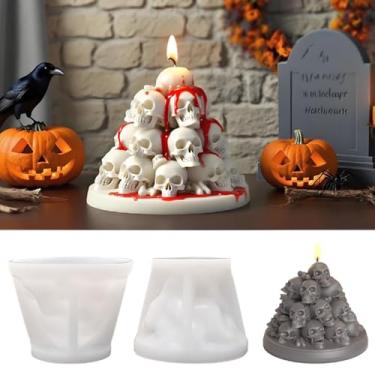 Imagem de Kit de molde de vela de caveira de Halloween - Molde de silicone 3D para fabricação de velas com 3 mechas e dispositivo de centralização - Moldes de vela de esqueleto de terror DIY para decoração de