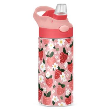 Imagem de Boccsty Garrafa de água infantil Summer Strawberry com tampa de palha isolada copo reutilizável de aço inoxidável para meninos e meninas crianças 350 ml rosa