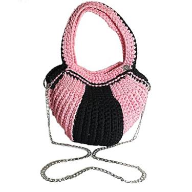 Imagem de Bolsa em Crochê com Fio Náutico – Preta com Alça em Acrílico e Corrente (rosa com preto)