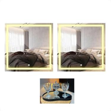 Imagem de Kit 2 Espelhos Quadrado Jateado Com Led Touch 40x40 Aparador Decorativo Lavabo + Bandeja (Neutro)