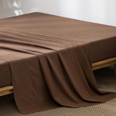 Imagem de MooMee Lençol de cima liso 100% linho de algodão lavado, texturizado, respirável, durável, macio e confortável (marrom cacau, Queen)