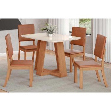 Imagem de Conjunto: Mesa de Cozinha Lins c/ Tampo Madeirado c/ Vidro Curvo 120x80cm e 4 Cadeiras Milla Plus Nature/Courano/Caramelo - Henn