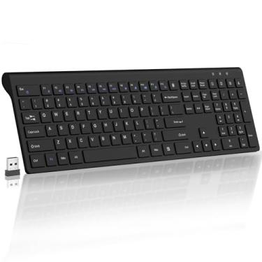 Imagem de ACOZYKITTEN Teclado sem fio, teclado fino de tamanho completo com botão calculadora, trava Fn, conjunto sem fio USB de 2,4 G para laptop, PC, Windows Mac, preto