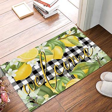 Imagem de Verão, limões, frutas, flores, folhas, preto e branco, xadrez de búfalo, tapete de chuveiro, tapete antiderrapante, tapete absorvente, tapete para decoração de casa, tapete de cozinha, quarto, 40 cm x