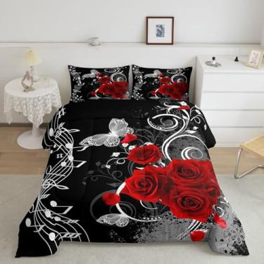 Imagem de Homewish Conjunto de edredom Queen com rosas vermelhas abstratas, 3 peças, borboleta selvagem, plantas espirais, para crianças, adolescentes, adultos, moderno, simples, com notas musicais, conjunto de