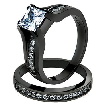 Imagem de Marimor Jewelry Conjunto de alianças de casamento de aço inoxidável preto zircônia corte princesa 2,10 quilates tamanho feminino 5-10, Zircônia, aço inoxidável, ouro, metal, Zircônia cúbica
