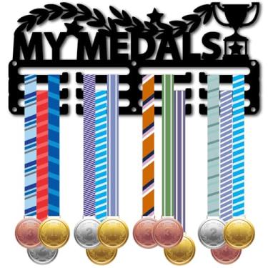 Imagem de CREATCABIN Suporte de medalhas para exibição de fita de prêmio design de troféu decorativo pequeno metal preto correndo medalha de ginástica com 12 ganchos separados para atletas de futebol de