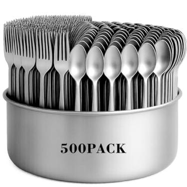 Imagem de Nuenen Conjunto de talheres com 500 garfos e colheres para talheres de aço inoxidável, garfos e colheres, utensílios de prata a granel para cozinha, restaurante, jantar, casa, jantar, espelho, polido