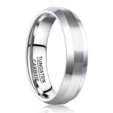 Imagem de NUNCAD Anel de tungstênio clássico masculino prata/ouro/preto 6 mm, acabamento escovado, bordas chanfradas aprimoradas polidas, ajuste confortável, tamanho 7-12, 12, Carboneto de tungstênio, Sem pedra