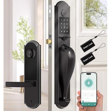 Imagem de Anweller Fechadura de porta de entrada sem chave com conjunto de maçanetas, fechadura inteligente integrada e maçaneta para porta da frente, teclado com código RFID, Bluetooth, eletrônico, segurança