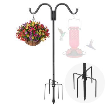 Imagem de Gancho de pastor duplo resistente para uso externo, base estável de 5 pinos, poste de jardim de altura ajustável de 198 cm para alimentador de pássaros, plantas suspensas, luzes solares, alimentador