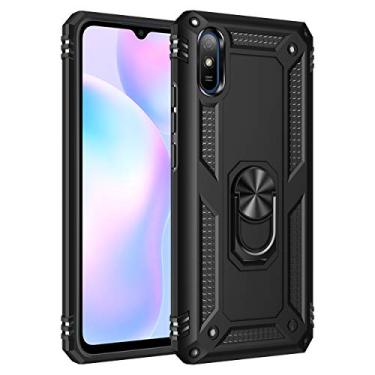 Imagem de SORAKA Capa para Xiaomi Redmi 9A com suporte de anel, capa protetora Redmi 9A, capa traseira de policarbonato rígido com placa de metal para suporte magnético de telefone e carro, preta