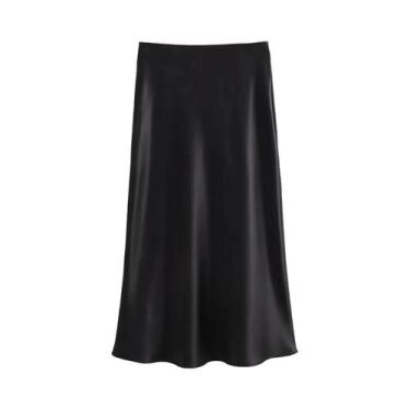 Imagem de Saia Longa De Cetim Elegante De Cintura Alta Para Mulheres, Saia Lisa 