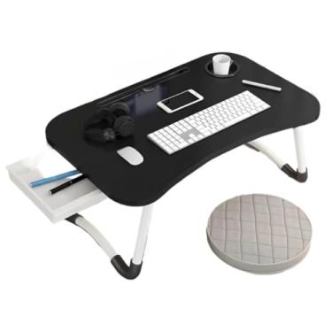 Imagem de Mesa Portátil Dobrável Com Gaveta Para Notebook Home Office Estudo Refeição Cama Com Porta Copo MDF(Preto)