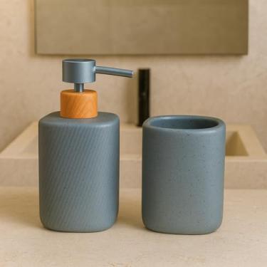 Imagem de Kit de Banheiro 2 Peças para Lavabo Banheiro Porta Sabonete liquido Dispenser Porta Escova de Dente Conjunto de Cerâmica para Pia Decoração Moderno Estilo Madeira (GRANITO CINZA)