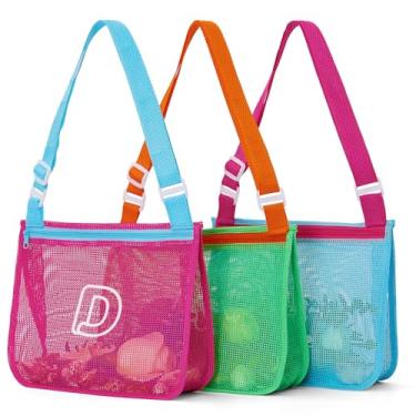 Imagem de 3 unidades de bolsas de concha impressas em alfabeto, leves e dobráveis para brinquedos de praia com alças ajustáveis, à prova d'água e portátil para itens essenciais de piscina e praia-D