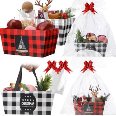 Imagem de Moinchore Cesta de Natal com 12 peças, vazia, 24 x 16,5 cm, bandeja xadrez, cesta de papelão com laços, sacos de celofane, azulejos torcidos, vazia para encher para festas de aniversário de fim de ano