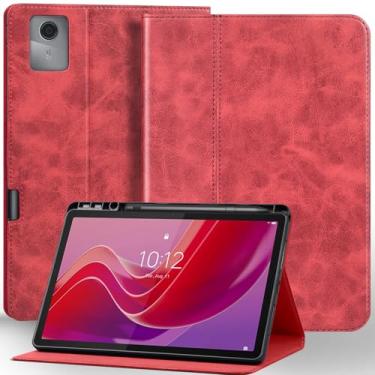 Imagem de NANRUIL Capa protetora de couro genuíno para Lenovo Tab M11 Xiaoxin Pad 11 polegadas 2024/2025, suporte de caneta embutido e despertar/hibernar automaticamente. Vermelho